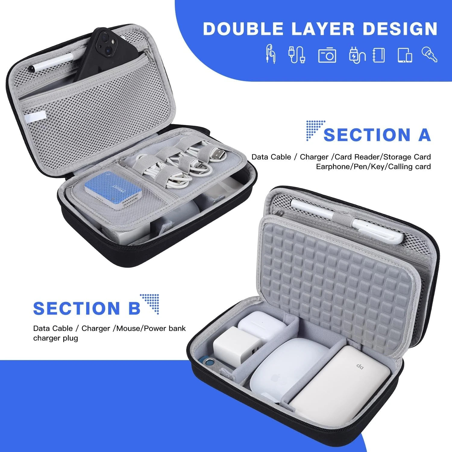 Hard Travel Electronic Organizer Case For MacBook Power Adapter Chargers Cables