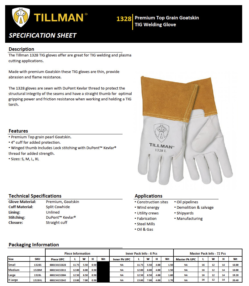 2 PAIR Tillman 1328 Grain Pearl Goatskin Leather TIG Welding Gloves 4″ Cuff S-XL
