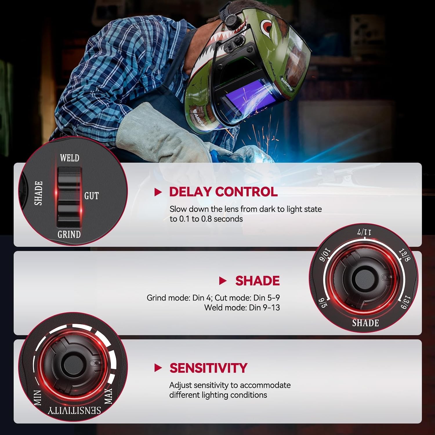 ARCCAPTAIN Auto Darkening Welding Helmet with 180° Side View 1/1/1/1 True Color