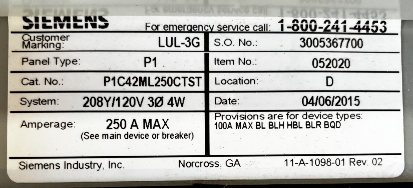Siemens P1C42ML250CTST Main Lug Panelboard 250A 208Y/120V 3PH 4W 42SP W/Breakers