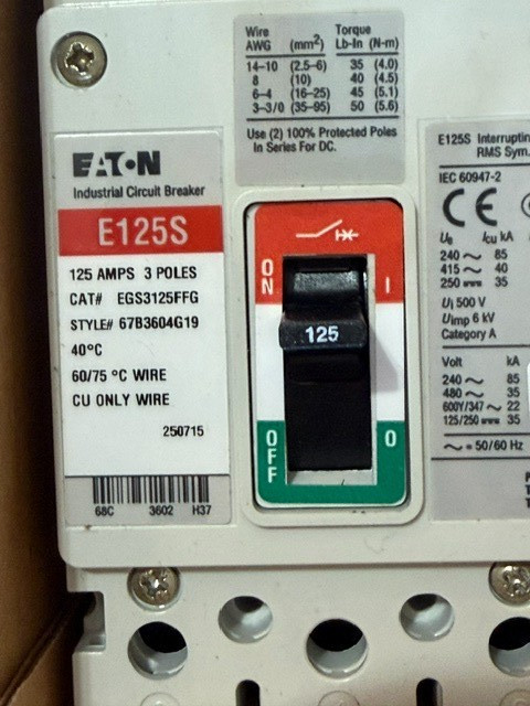 Eaton EGS3125FFG Molded Case Circuit Breaker 3 Pole 125A 600Y/347 VAC Max New