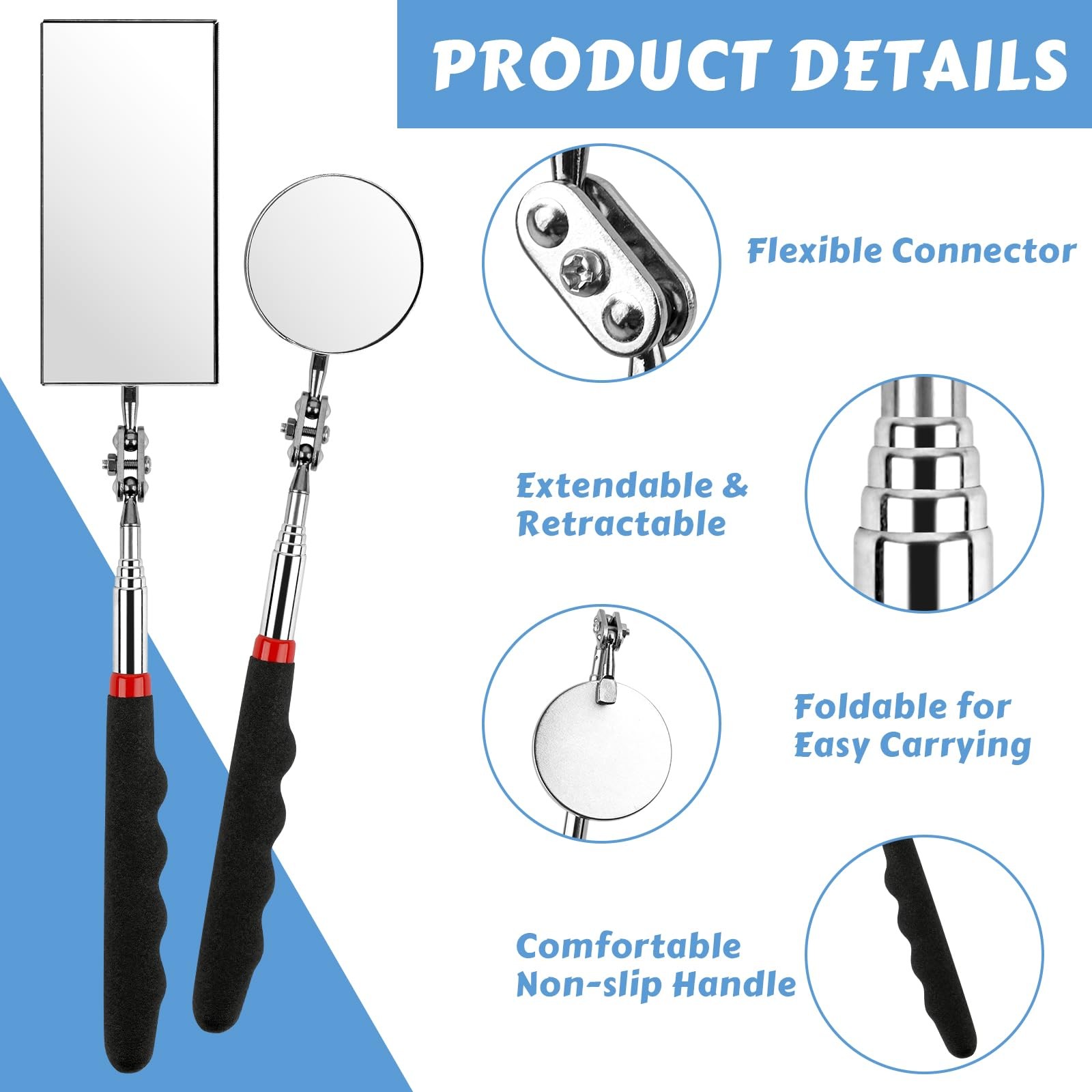 2 Pieces Telescoping Inspection Mirror, 360° Swivel Extendable Mechanic…