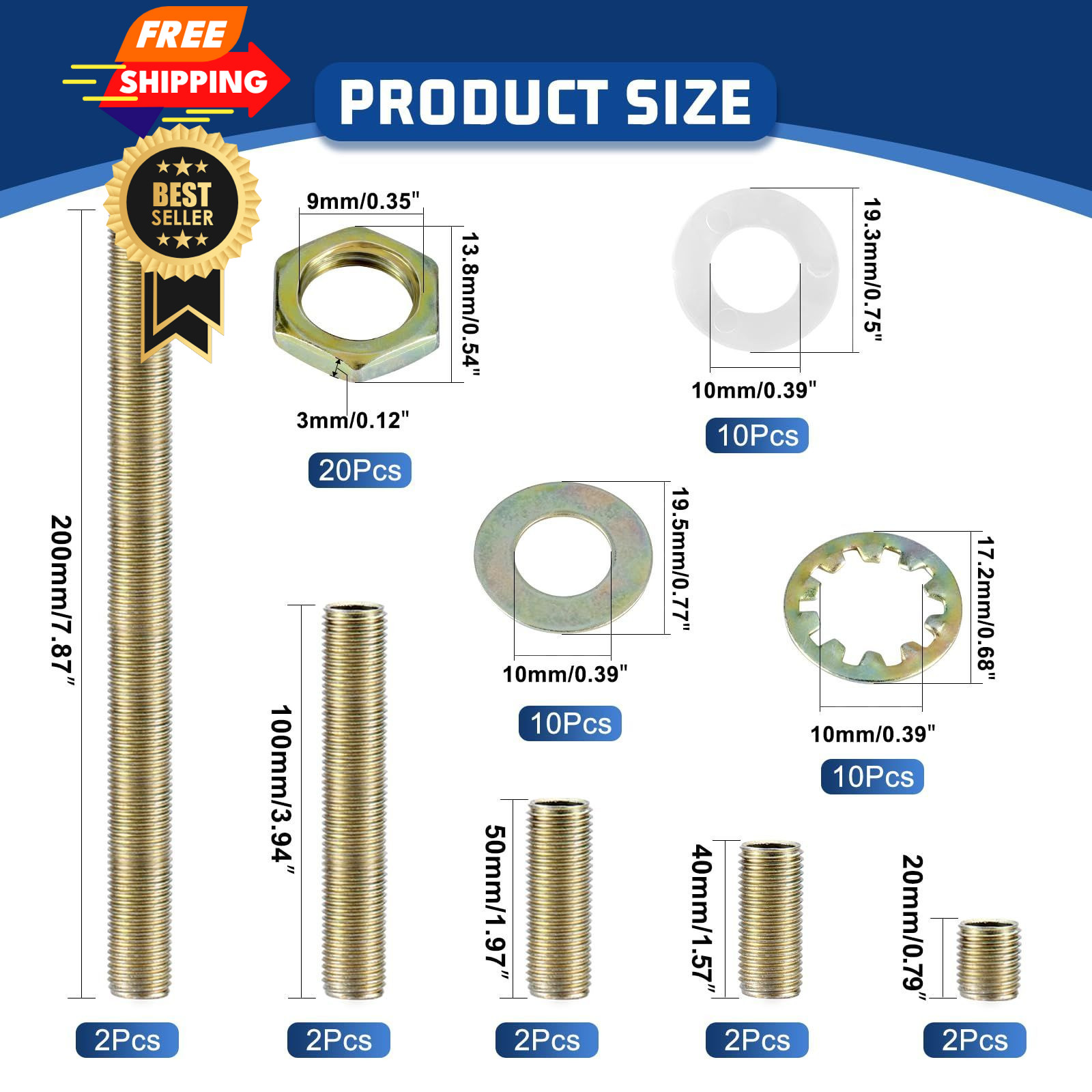 Antique Brass Lamp Repair Hardware Kit – 5 Sizes, 60 One Size,