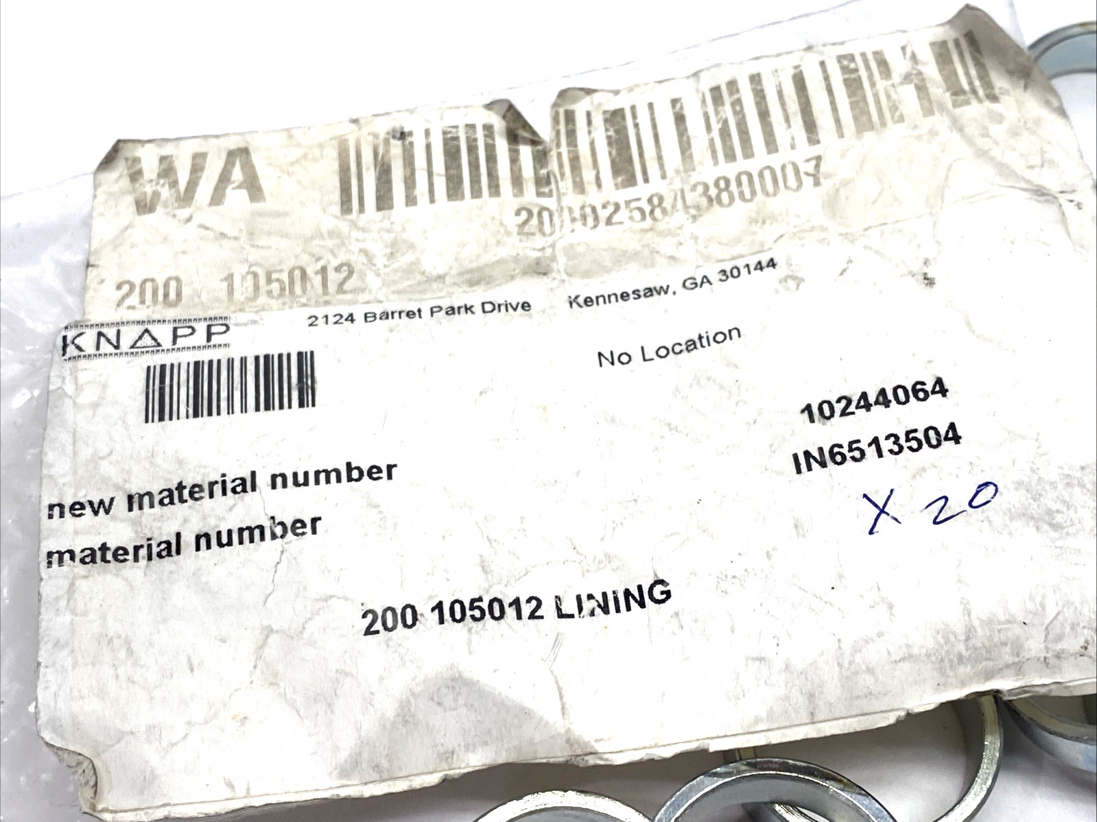 Knapp 10244064 Lining, 21mm I.D. 25mm O.D. 7mm Wide, 200 105012 LOT OF 20