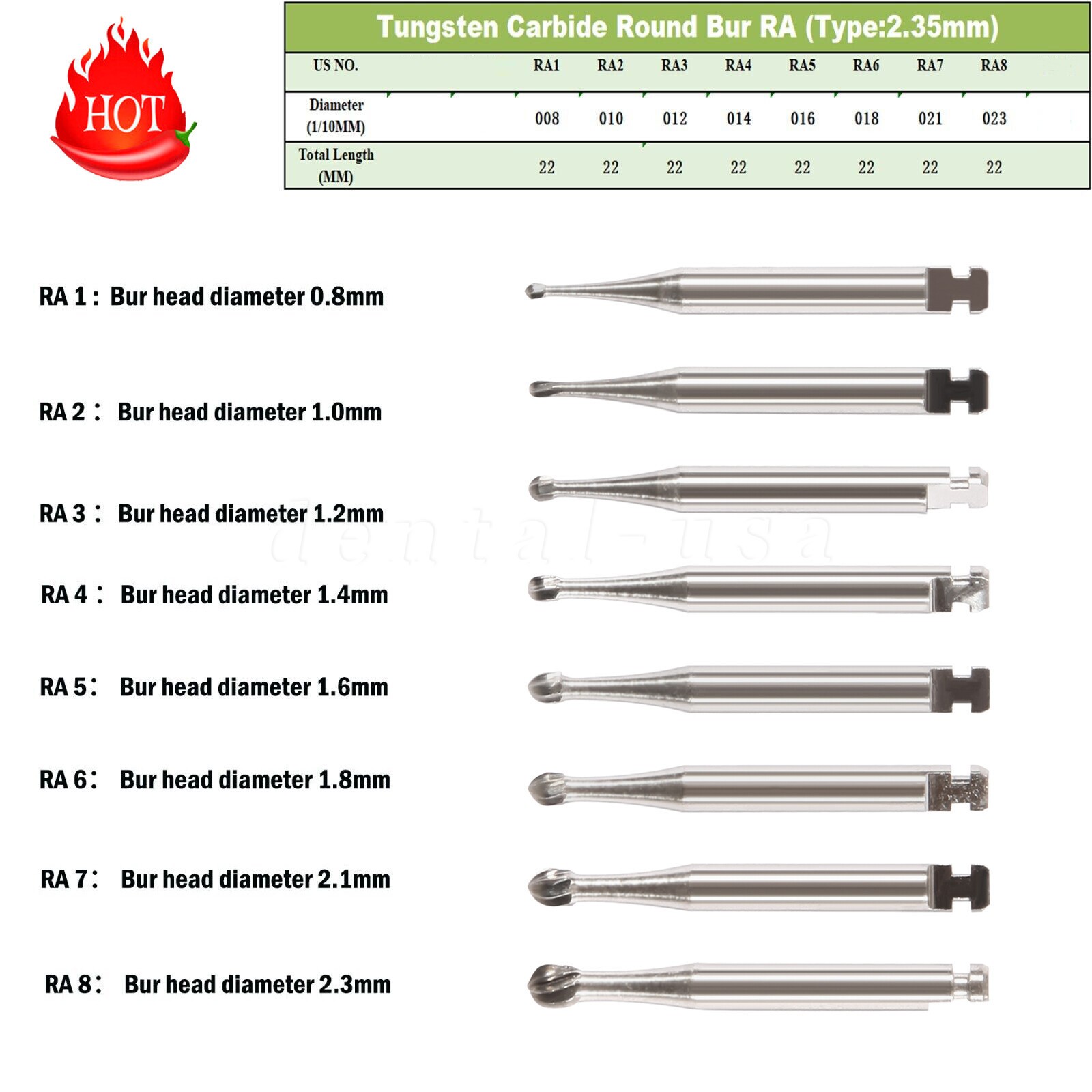 Dental Round Carbide Bur for Slow Speed Latch Type RA 1# -RA 8# Burs 22.5mm