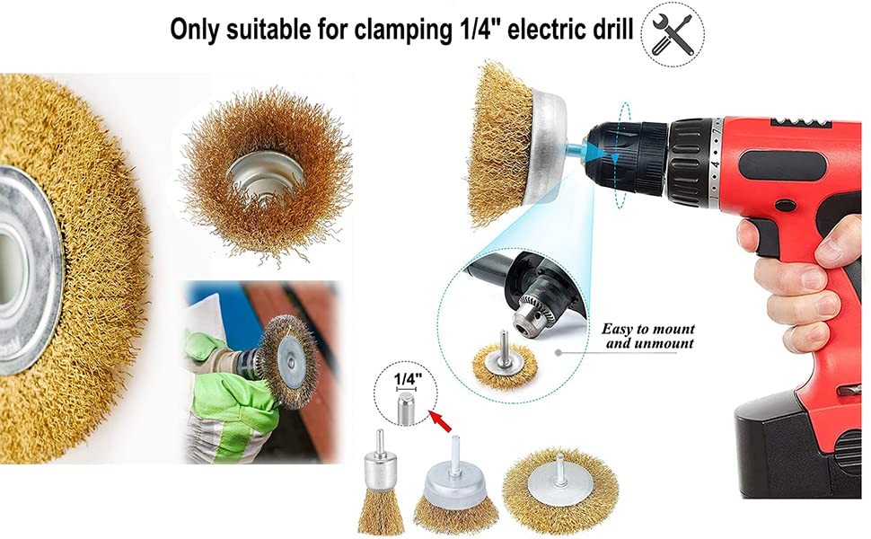 12 Pack 1/4 Inch Hex Shank Brass Wire Wheel Cup Brush Drill Bit Set Attachment