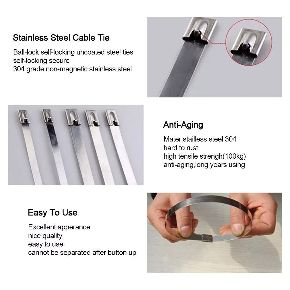 Metal Zip Ties 304 Stainless Steel Heavy Duty Cable 198-400lb 8″ 12″ 18 24″ 36″