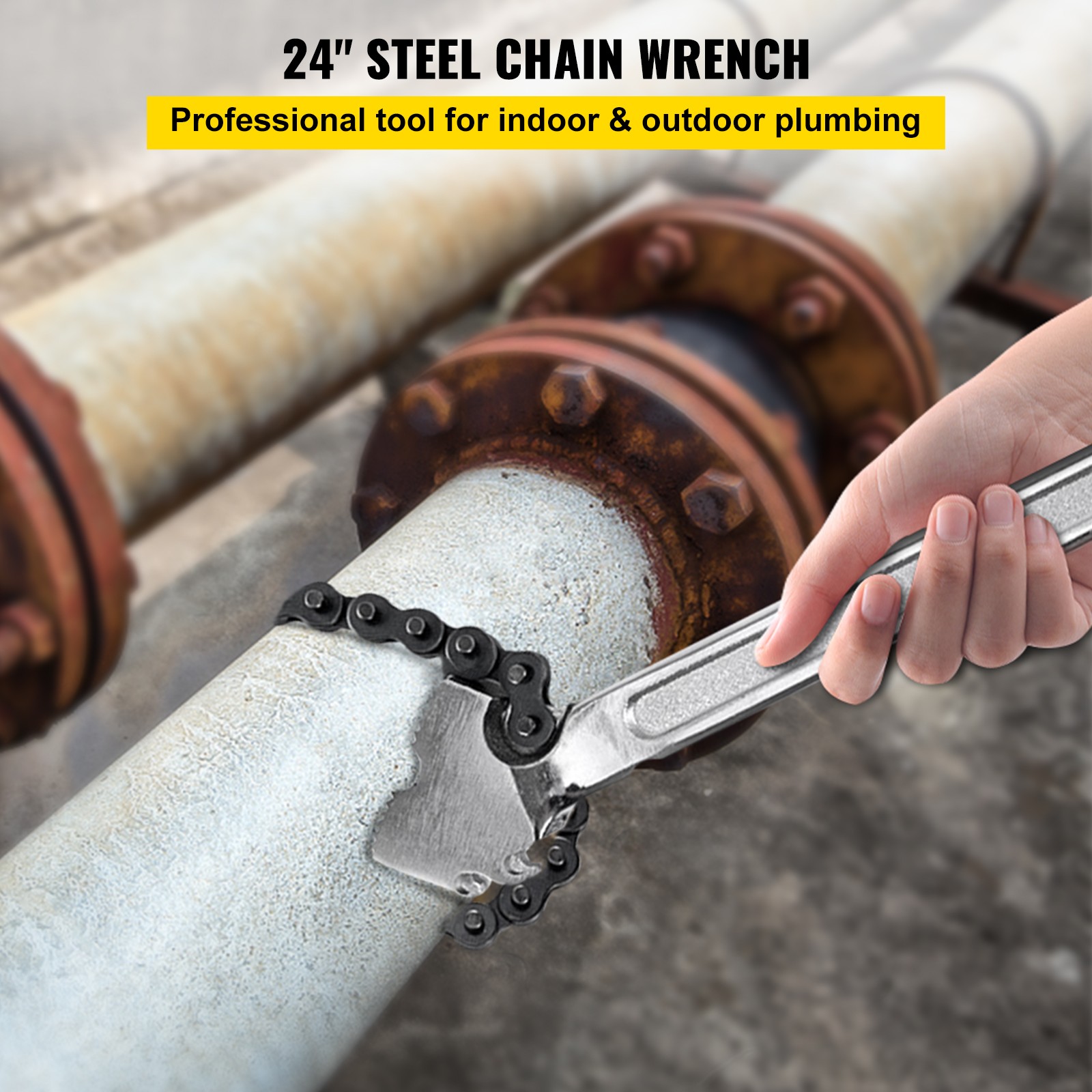 VEVOR 24″ Chain Wrench Steel Straight Handle Tool 22″ Chain 6.7″ Capacity