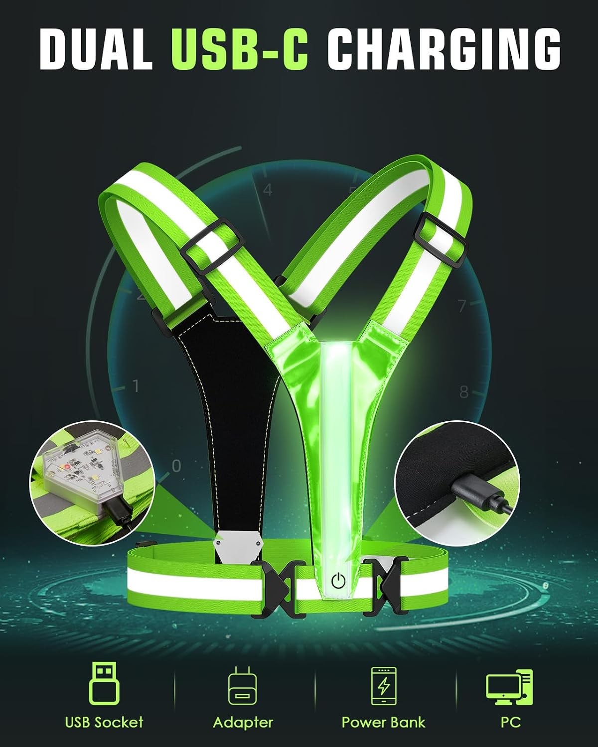 LED Reflective Vest with Light Green Chest 500LM High Visibility Safety Jacket
