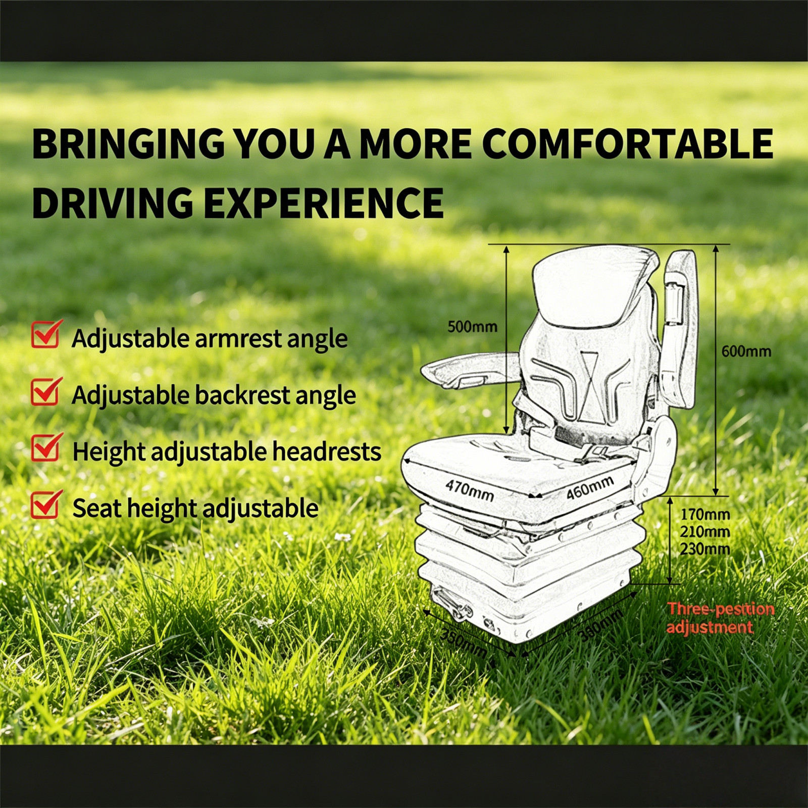 Tractor Forklift Seat Suspension Adjustable Backrest Armrest Safety Belt 2026