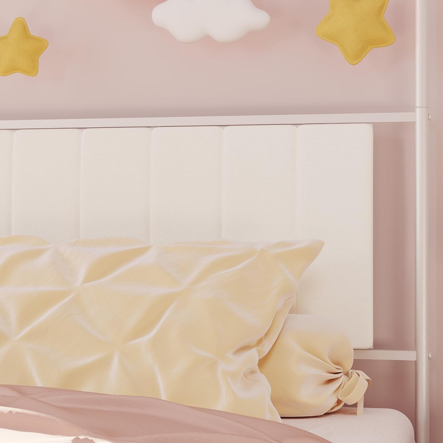 Kids Canopy Bed Frame with Headboard & Footboard, Upholstered Twin Bed Frames