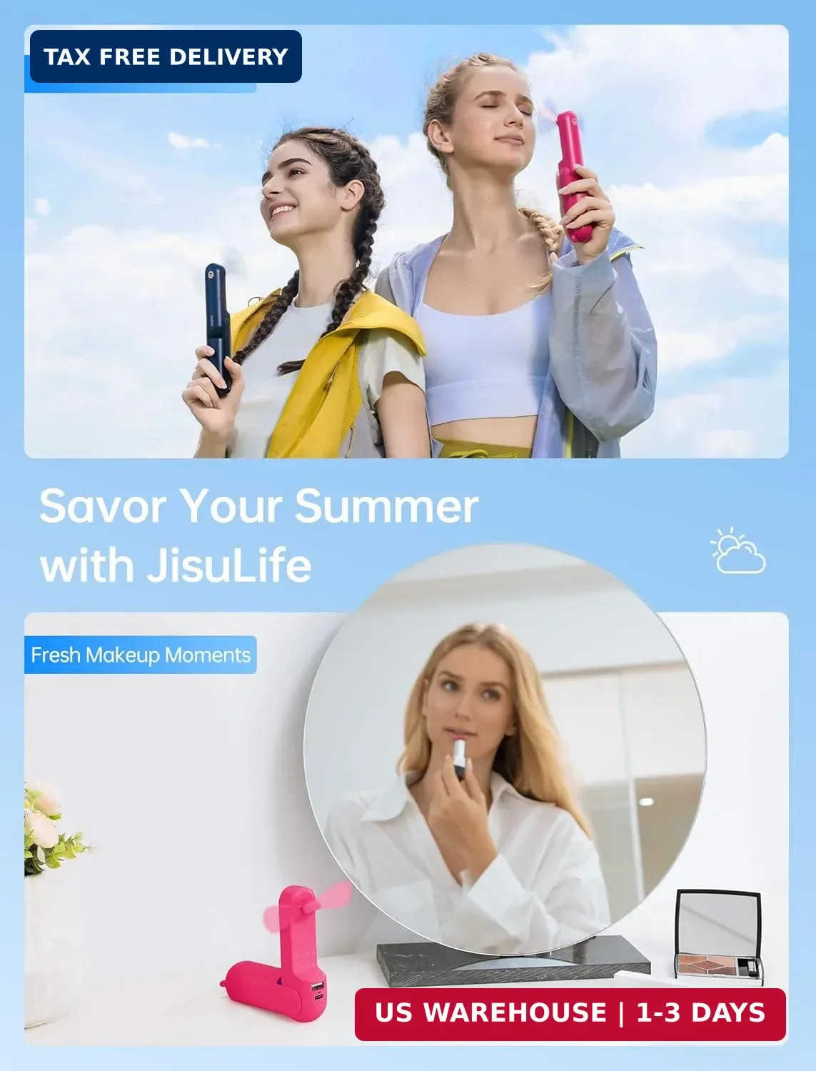 3 in 1 Handheld Mini Fan USB Rechargeable Power Bank Flashlight Travel