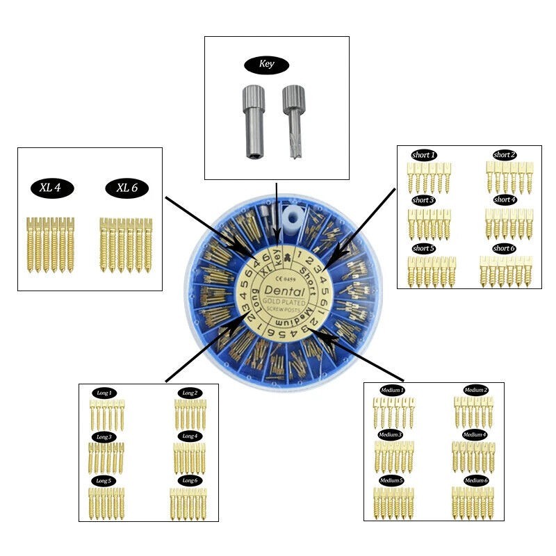 Assorted Dental Conical Screw Posts Kits Refills 24K Gold Plated 120Pcs/Box