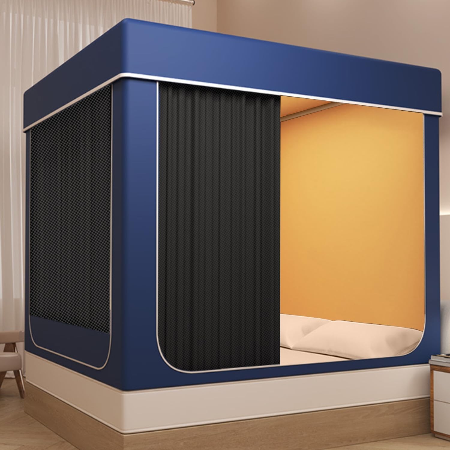 Queen Size Painted Stainless Canopy Bed Frame，with Covered Mosquito Net and 3PCS