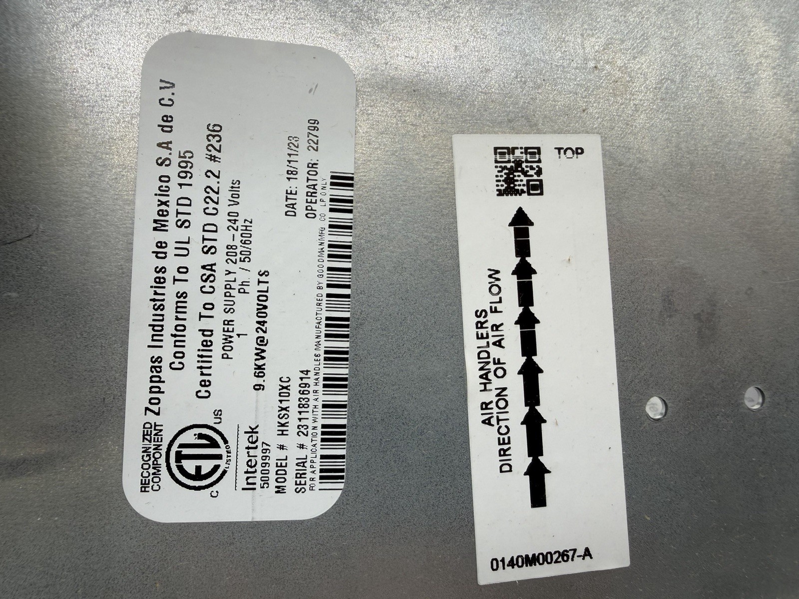 New Goodman Manufacturing HKSX10XC 10 kW Heat Kit 0175M00046-B