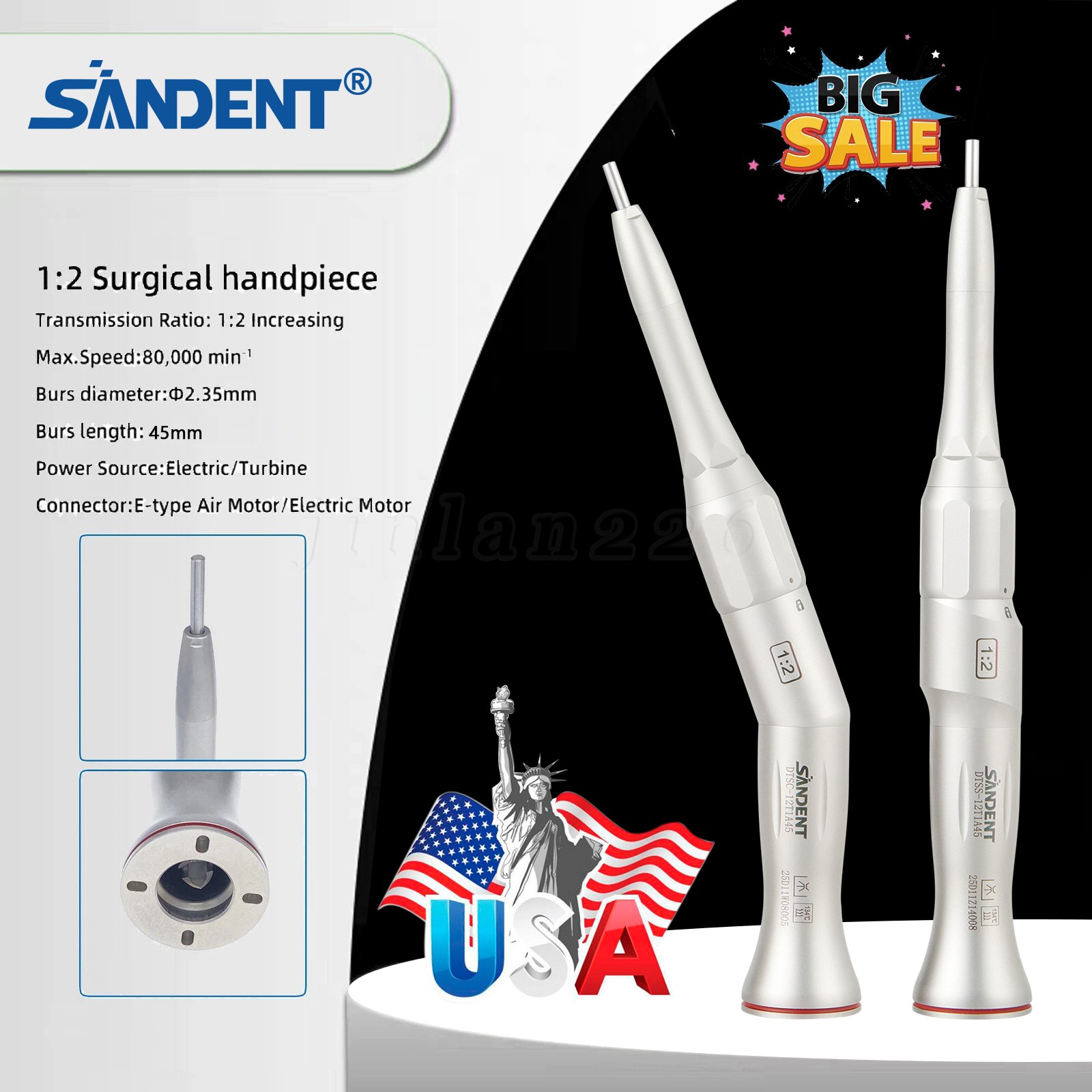 Dental 1:2 Surgical 20º Contra Angle/Straight Handpiece Fit 45mm/70mm