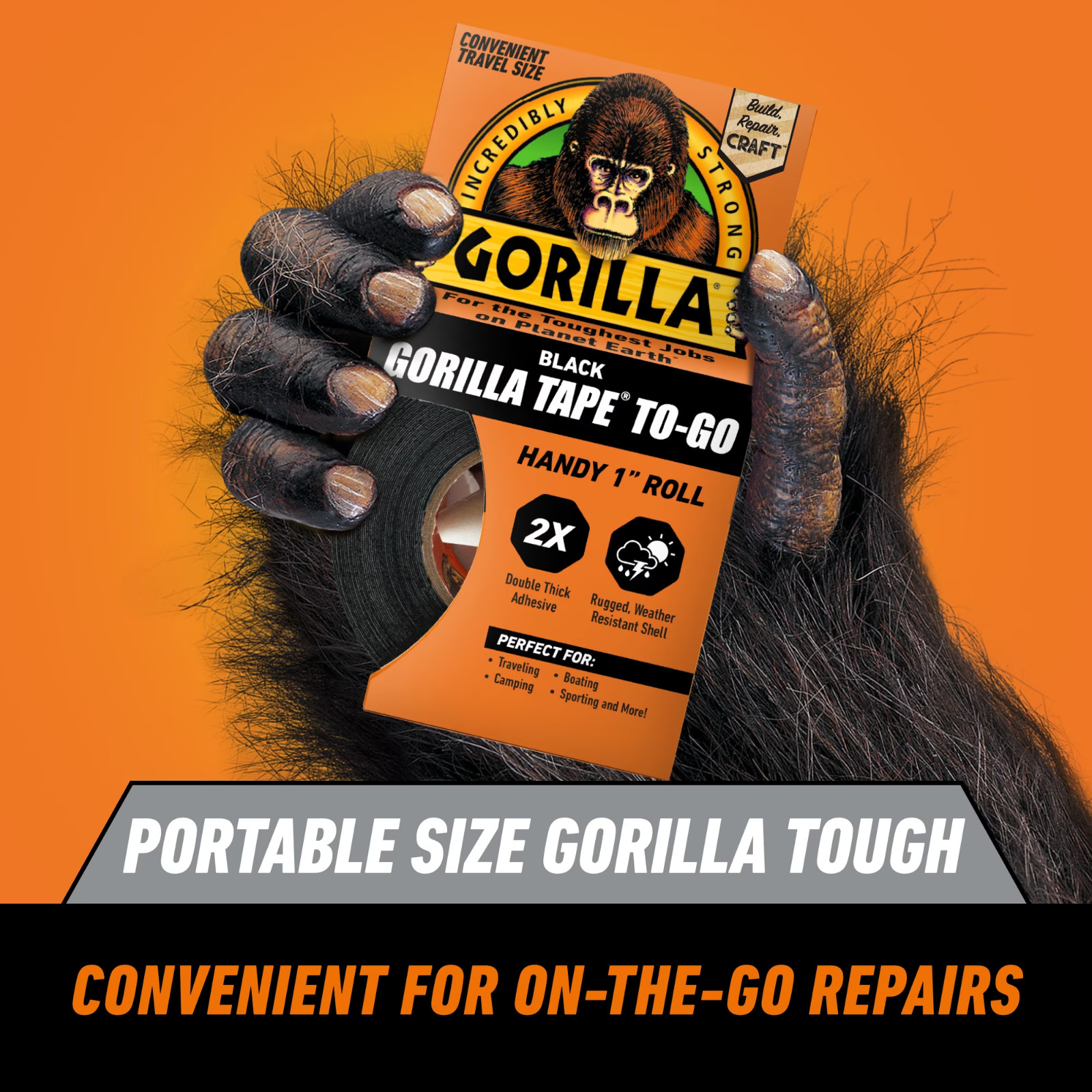(2 pack) Gorilla Black Duct Tape to-Go, 1 in x 30 ft Single Roll