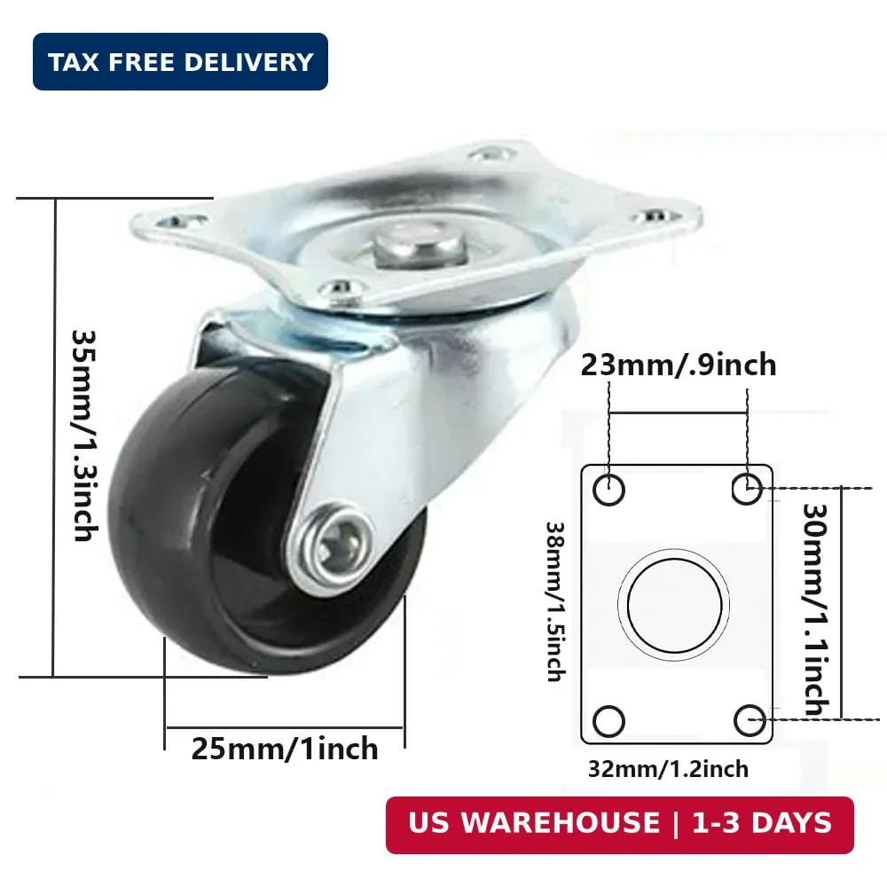 4 Pack Quiet 1″ Rubber Wheels with Plate Mount – Perfect for Trolleys & Carts