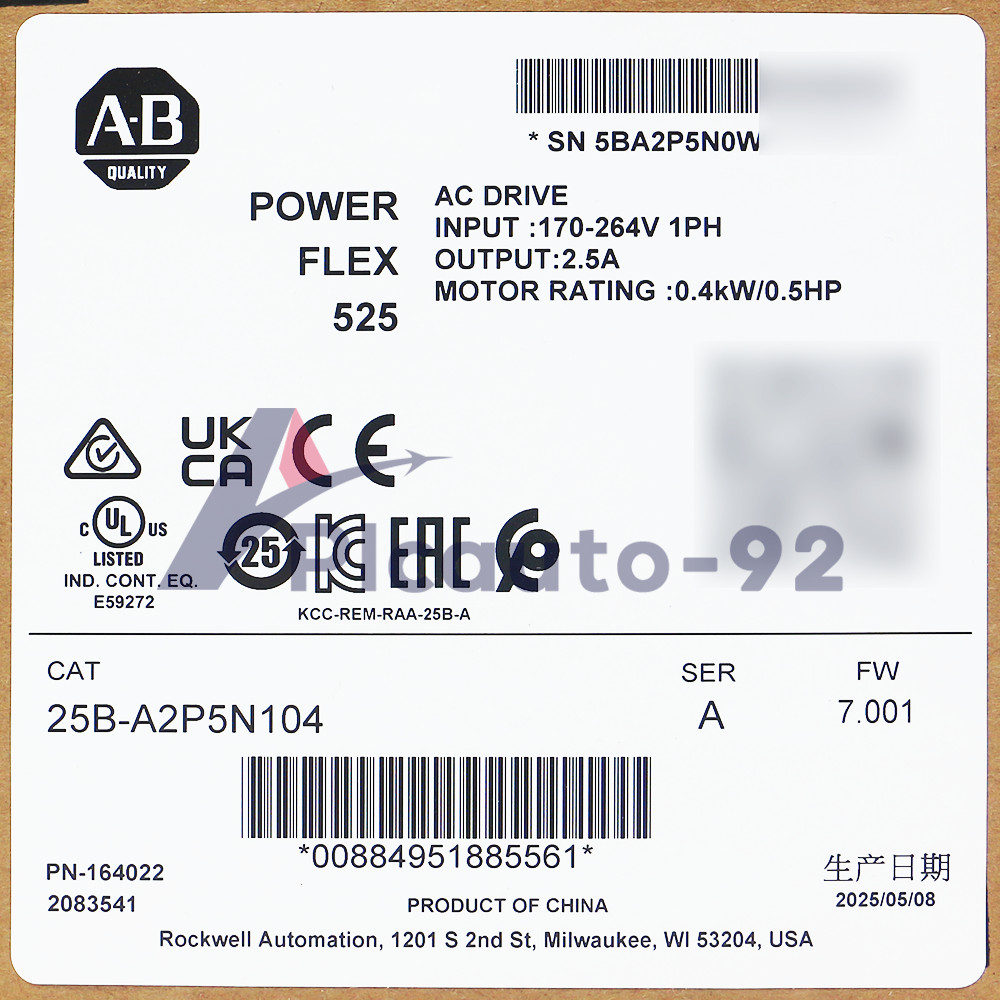 2025 New Allen Bradley 25B-A2P5N104 Ser A PowerFlex 525 AC Drive 0.4kW 0.5Hp