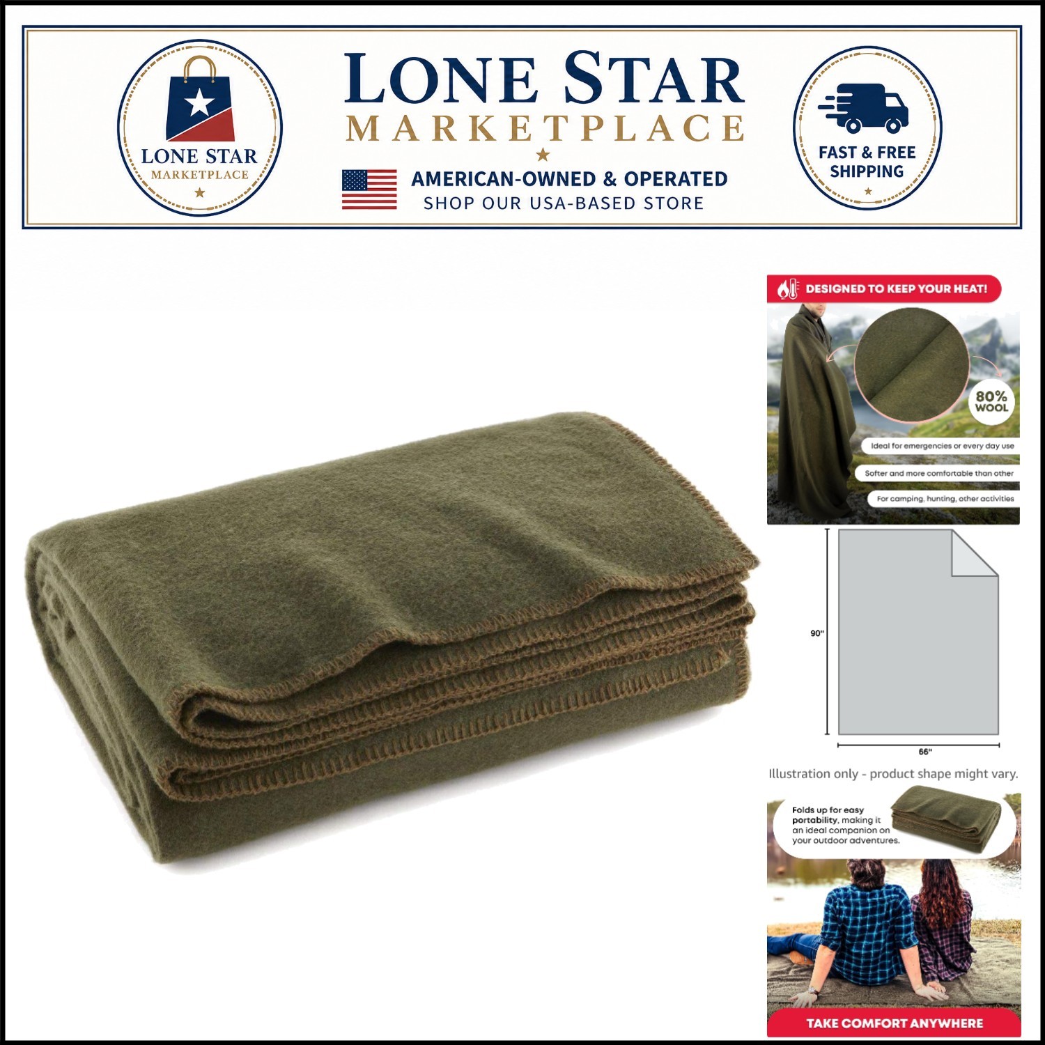 Olive Green Warm Fire Retardant Wool Blanket, 66″ x 90″ – Perfect for Camping