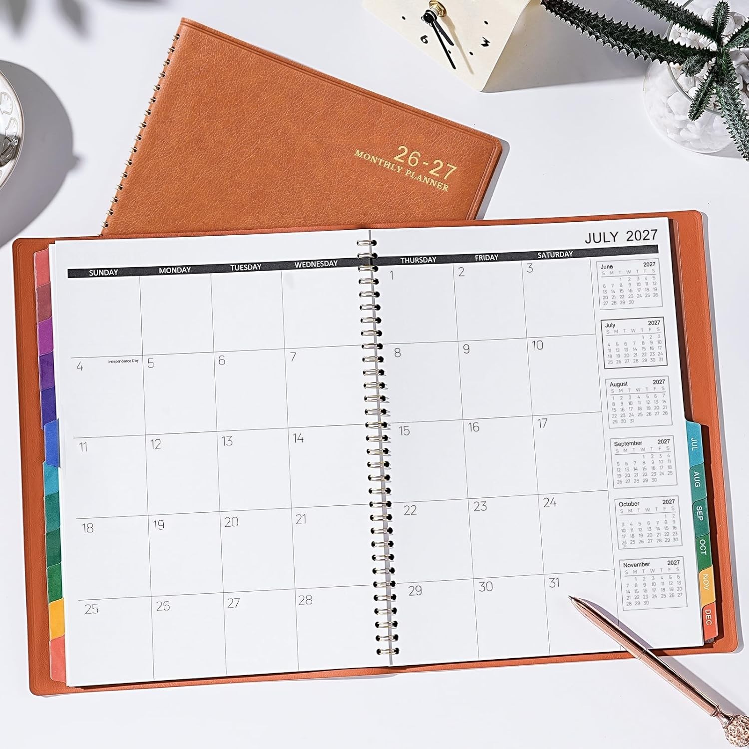 Monthly Planner Jul 24-Dec 25 Leather Cover Twin-Wire 18 Month Planner, Brown