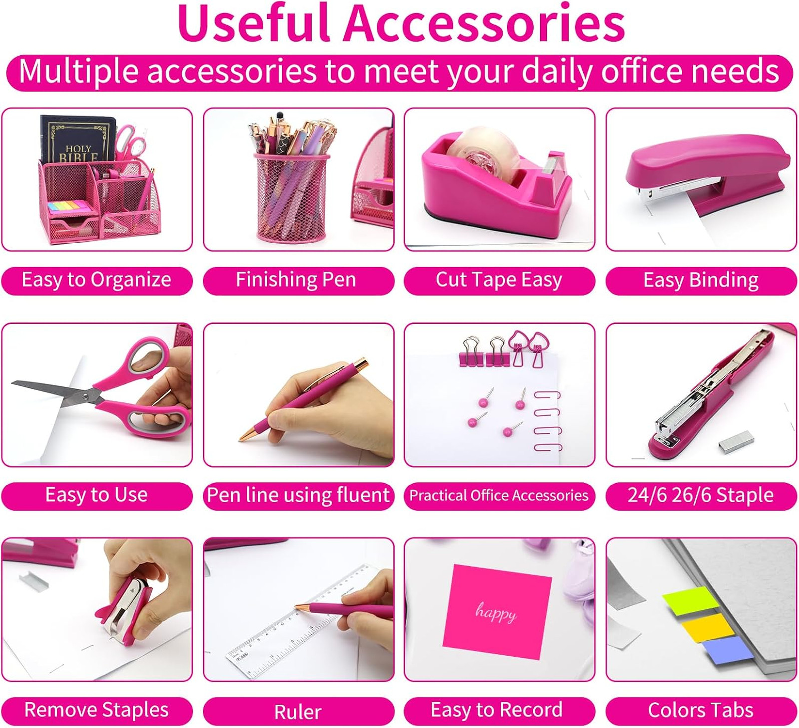 12 in 1 Desk Organizer Set Hot Pink Office Supplies for Women and Coworkers Gift