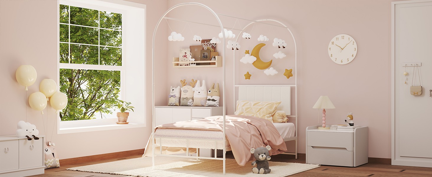Kids Canopy Bed Frame with Headboard & Footboard, Upholstered Twin Bed Frames