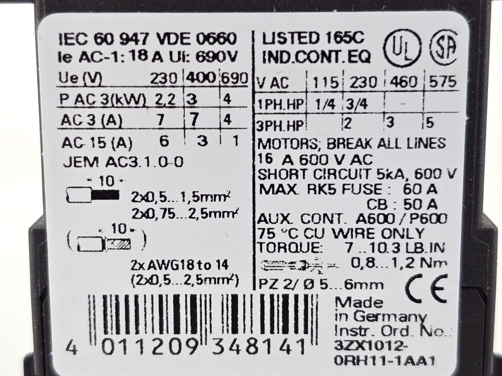 NEW Siemens 3RT1015-1AP62 Power Contactor, 3P, 7A, 3Kw, 3RT10151AP62