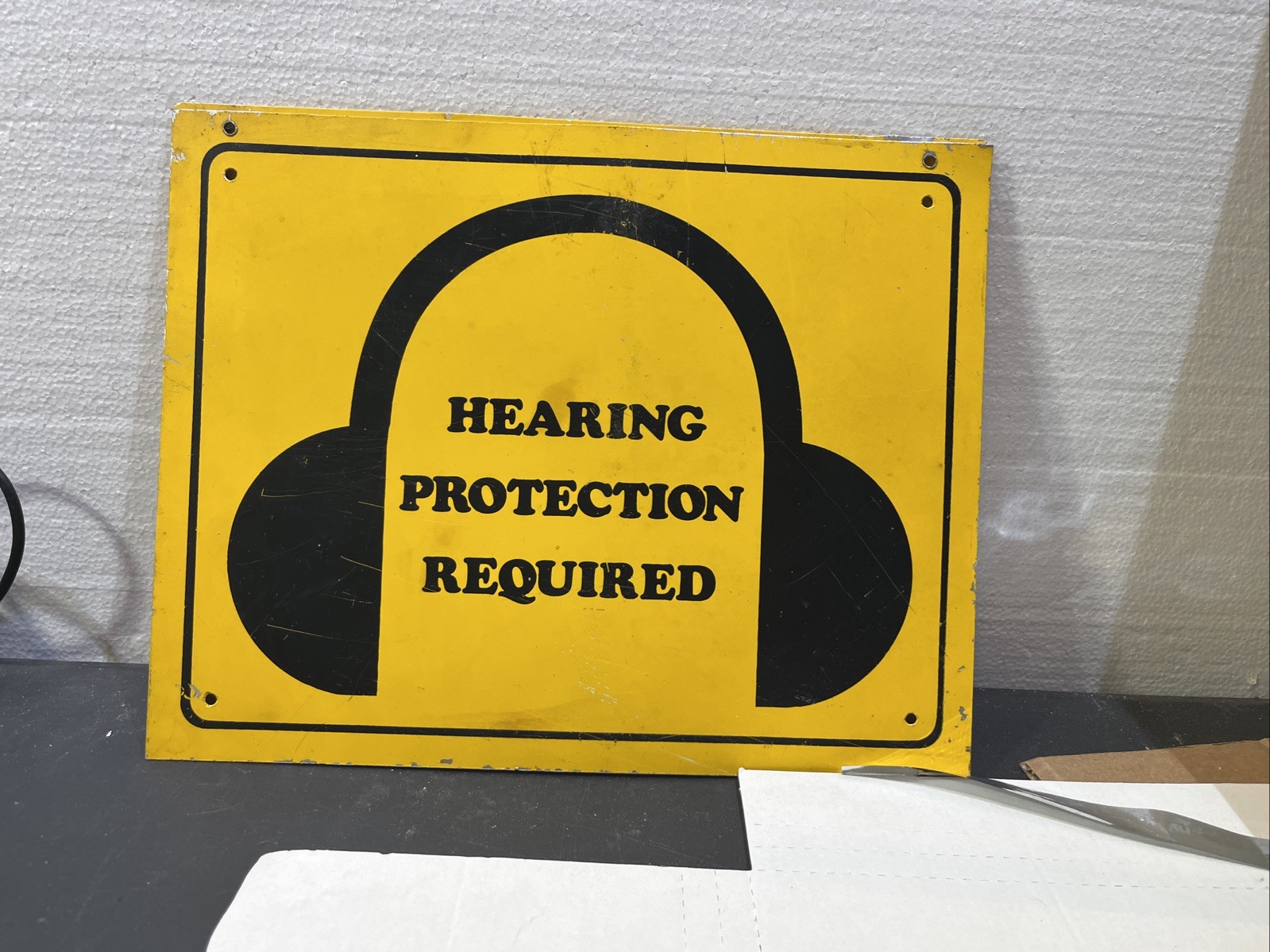 Pair of Vintage Metal Hearing Protection Required Signs Industrial Safety 11×14