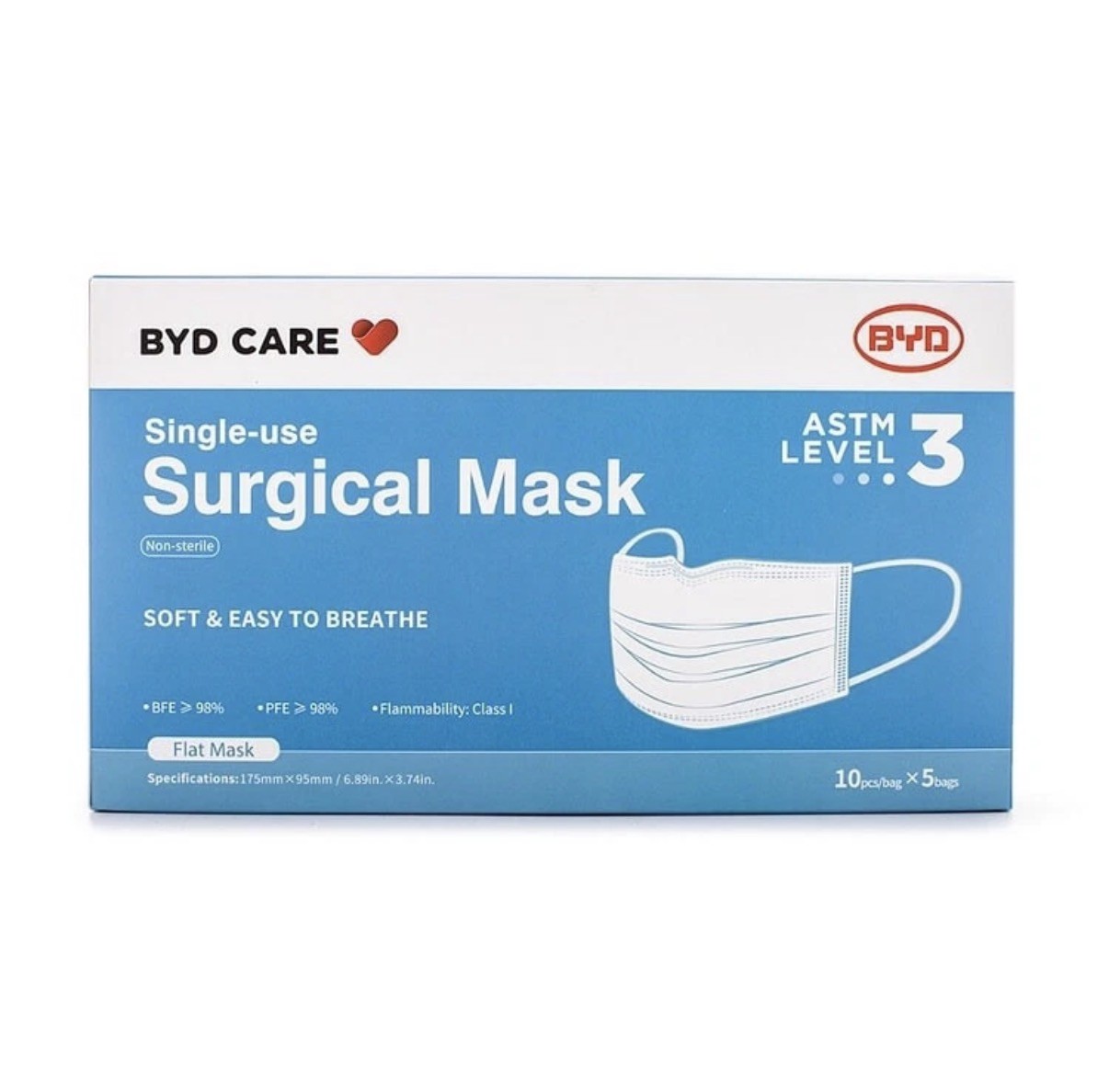 BYD CARE Expires 3/3/26 Surgical Masks, One-size, Blue Box 50 PCS Lvl 3 ⭐️⭐️⭐️