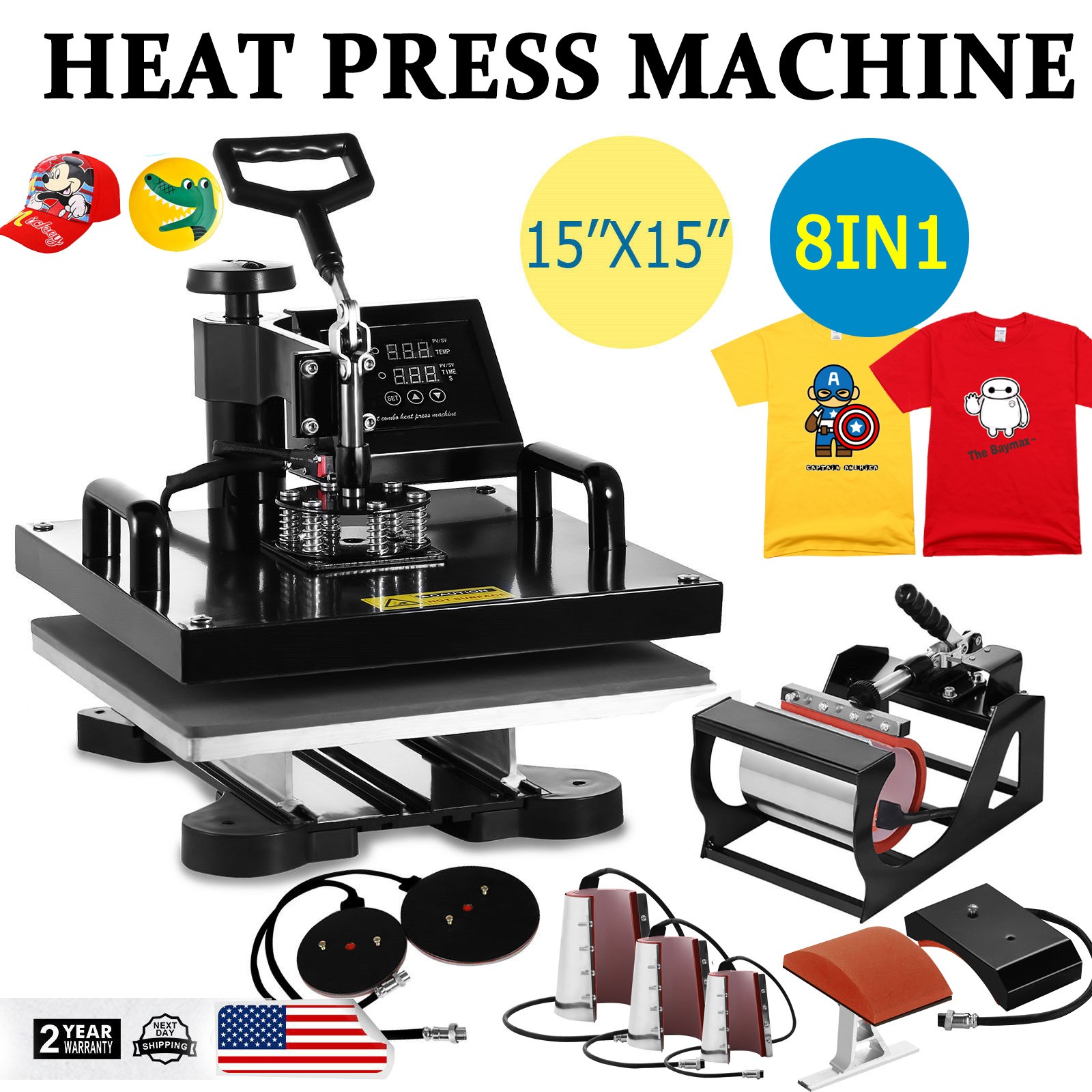 8 IN 1 Combo T-Shirt Heat Press 15″x15″ Transfer Machine Sublimation Swing Away