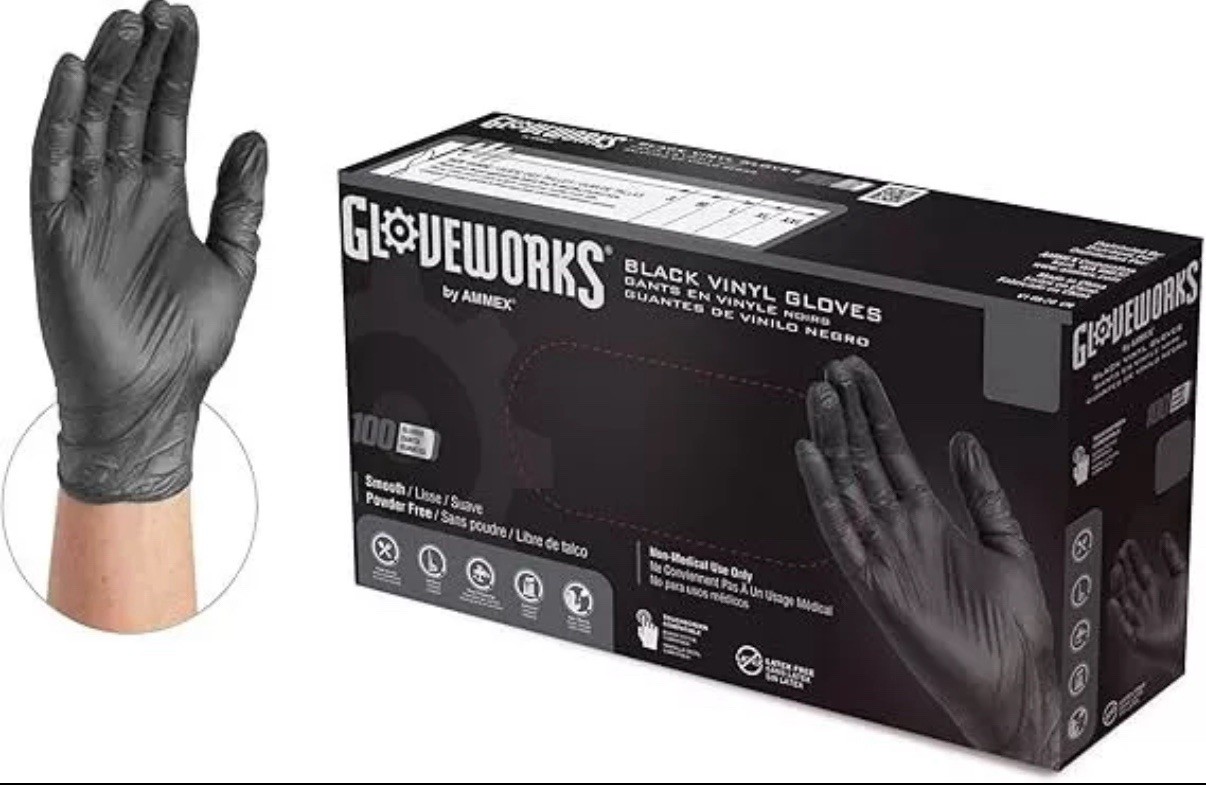 GLOVEWORKS Vinyl Gloves CASE OF 10 PACKS, Black MEDIUM Latex and Nitrile Free