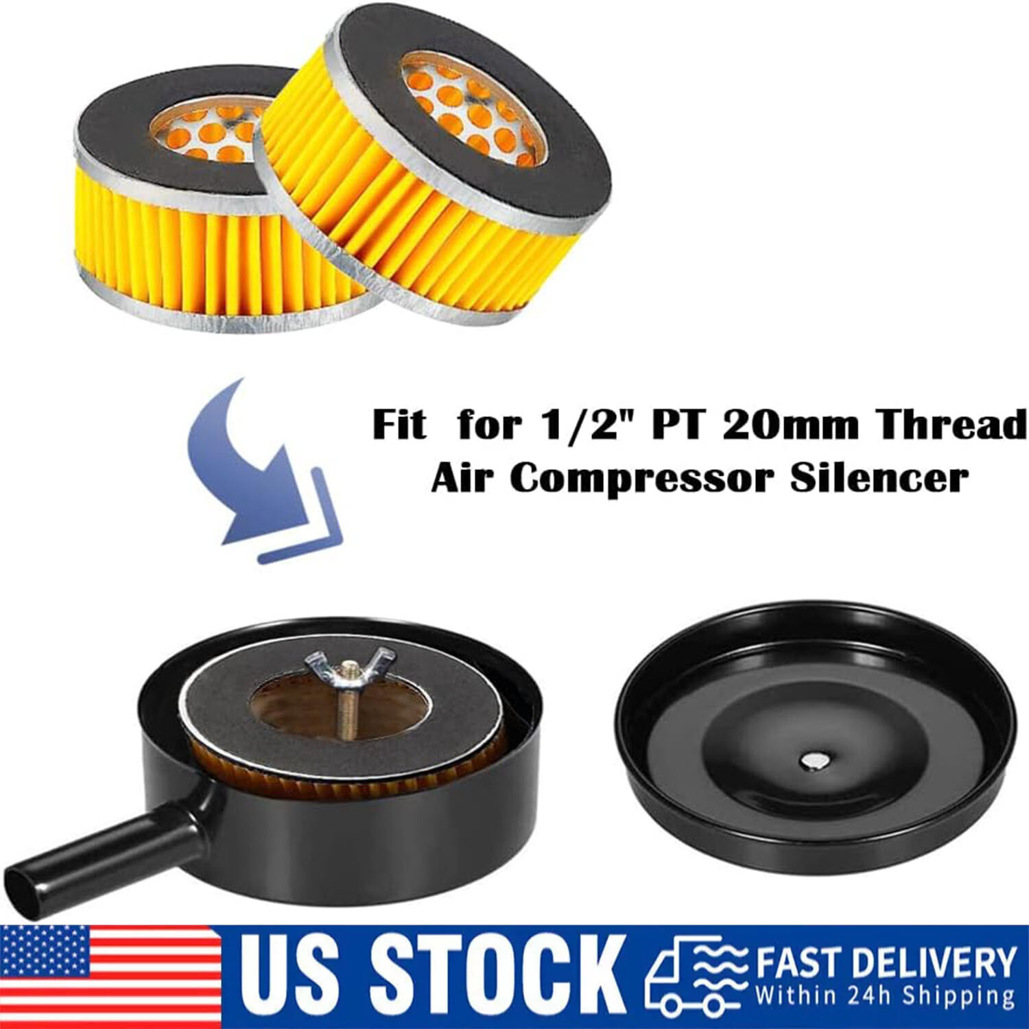 1/2″ 20mm Thread Air Compressor Intake Filter Muffler Silencer Black-Metal T5