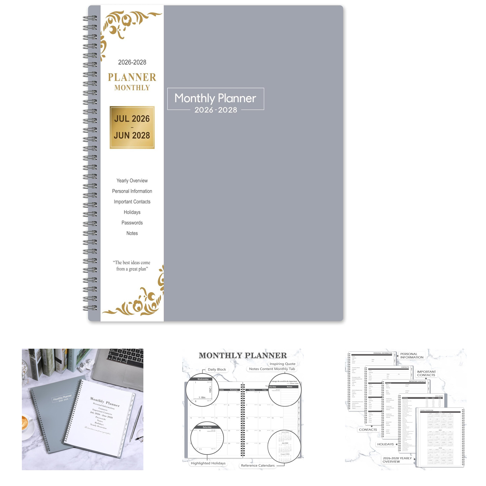 Monthly Planner 2026 2027 2028 Large 11×8.5 Inch Cover Tabs Spaced Notes Holiday