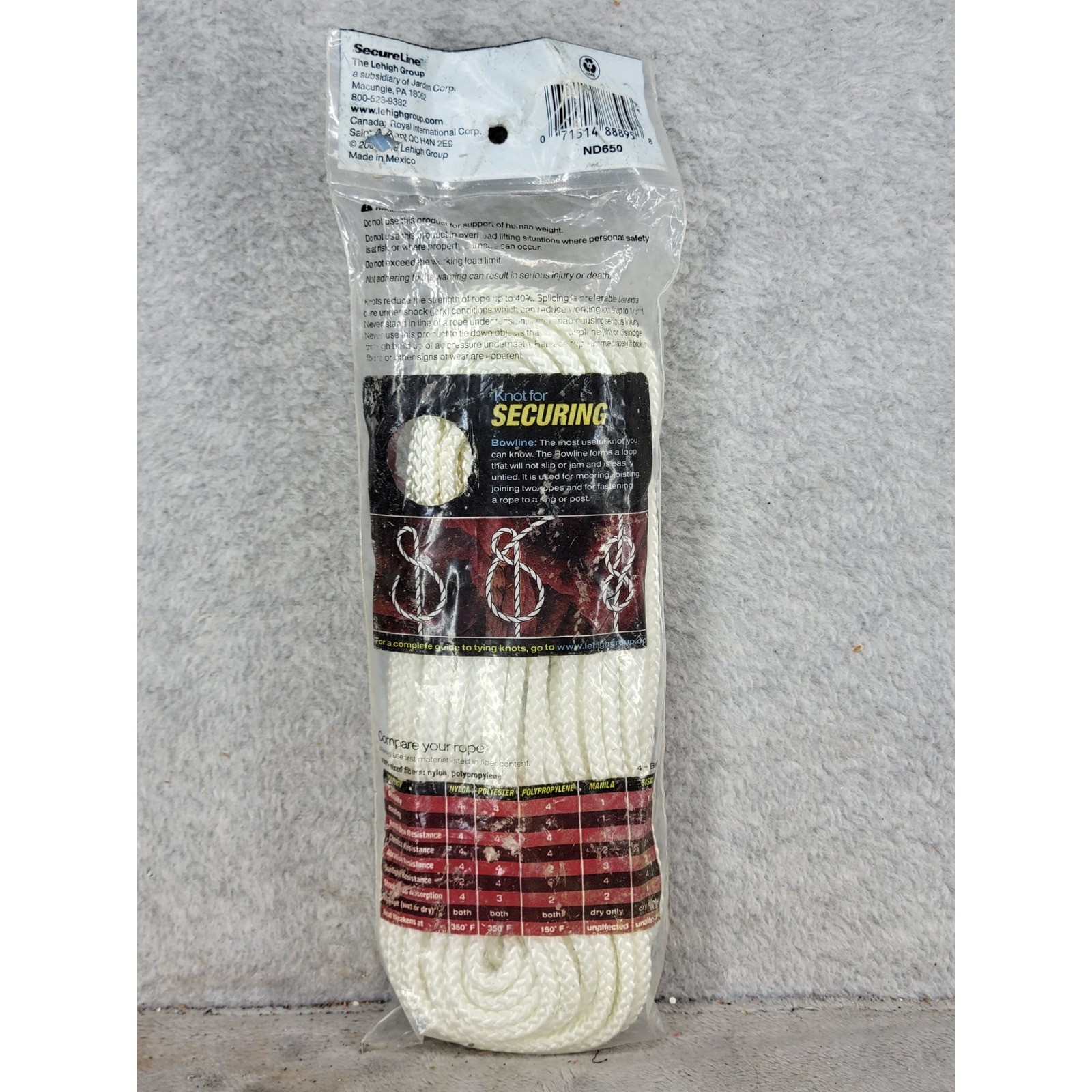 SecureLine Diamond Braided Nylon Rope 50 ft x 3/16 in White 90lb Load ND650