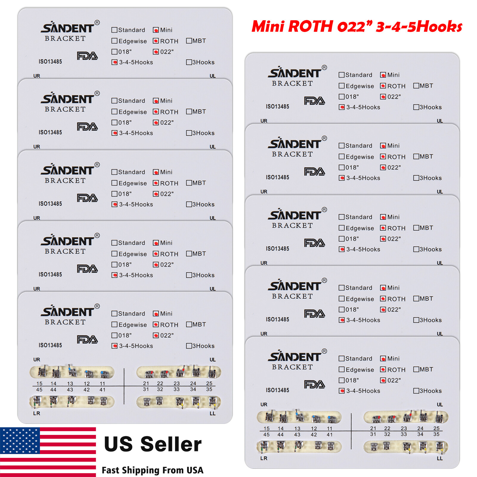 10Packs Dental Orthodontic Metal Brackets Braces Mini Roth.022 Hooks 345 Ortho