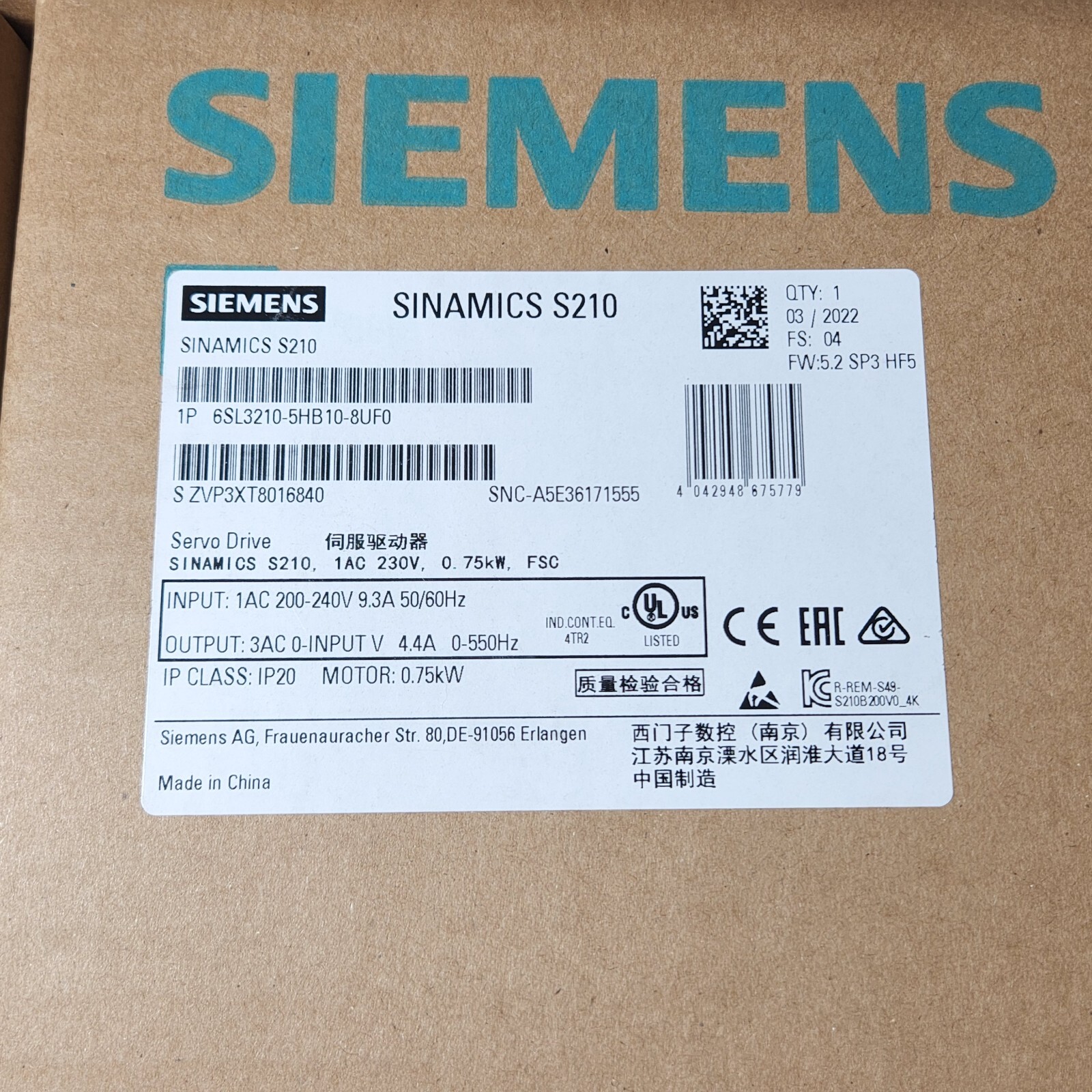 NEW Siemens 6SL3210-5HB10-8UF0 Sinamics S210 AC Servo Drive