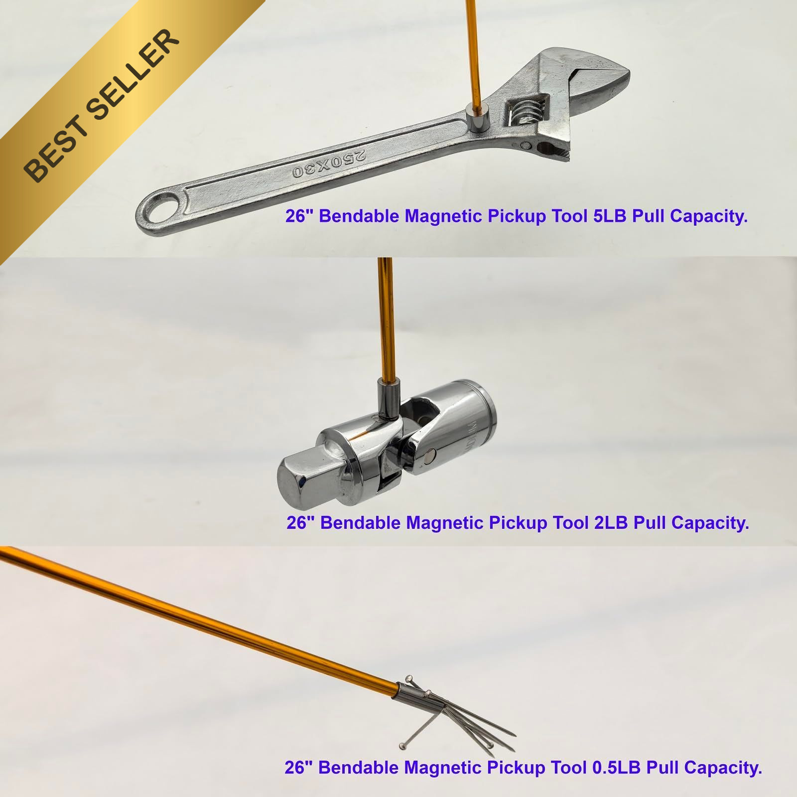 3-Pack Flexible Magnetic Pickup Tool Set 26″ Bendable Extension Stick 0.5lb 2lb