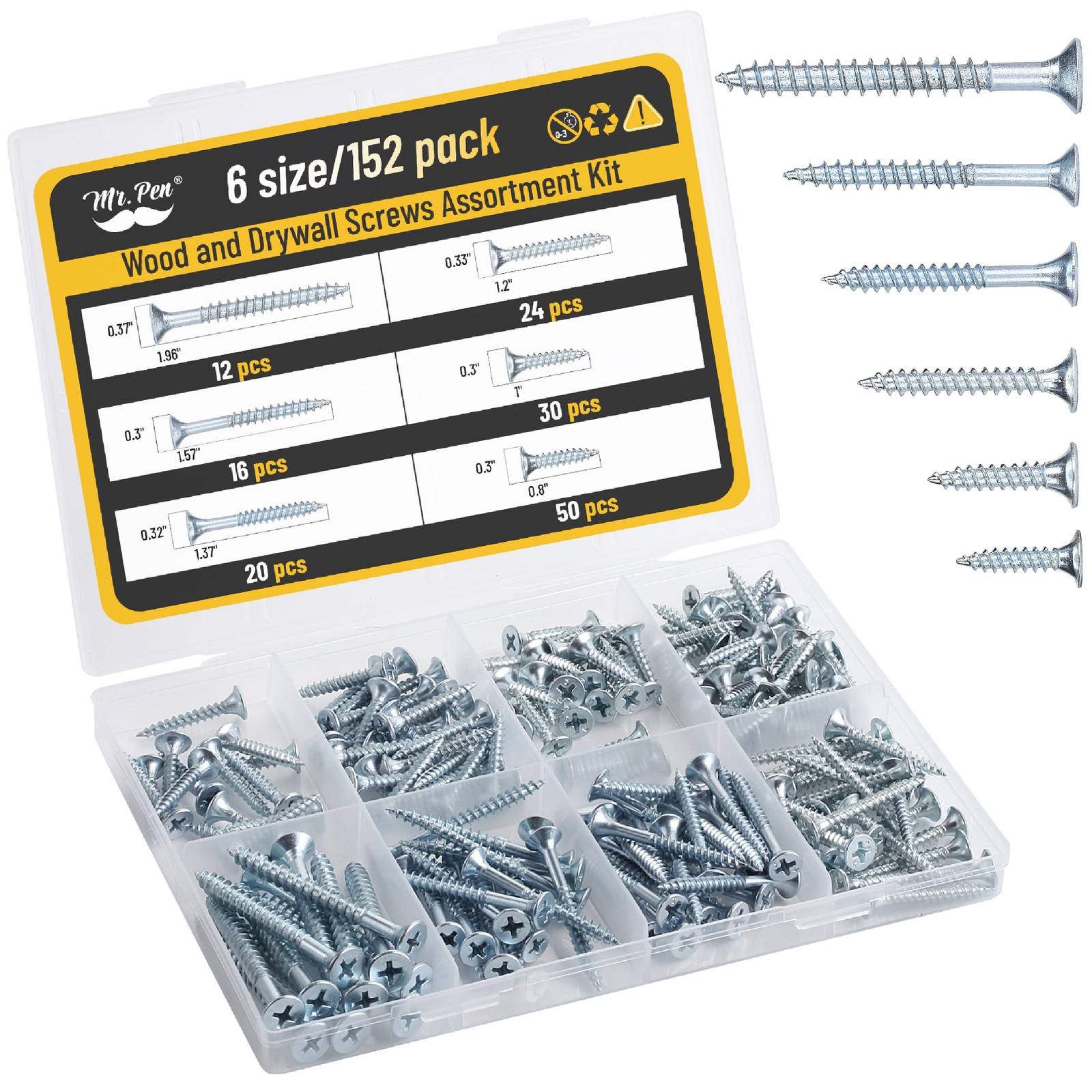 Mr. Pen- Wood Screws Assortment Kit, 152 pcs, Silver, Phillips Tips, Assorted
