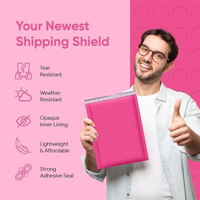 Hot Pink 7.25×12, Poly Bubble Mailers, (#1), Padded Envelopes, Package Bags, Shi