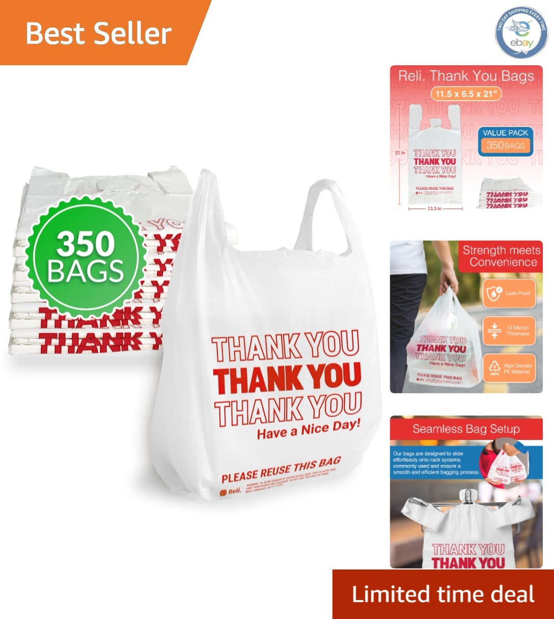 High Quality Thank You Plastic Bags – 350 Count for Grocery Stores & Retail Use
