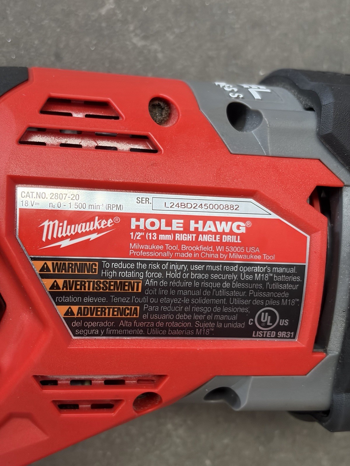 Milwaukee 2807-20 M18 FUEL 18V Hole Hawg 1/2” Right Angle Drill w/ XC8.0 Battery
