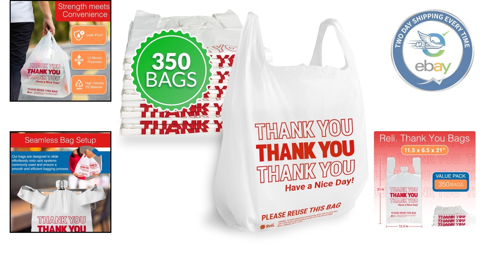 High Quality Thank You Plastic Bags – 350 Count for Grocery Stores & Retail Use