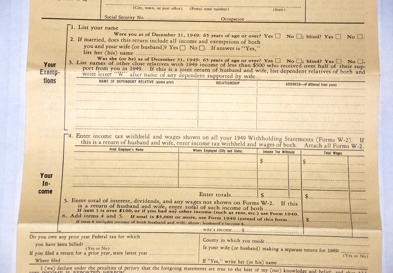 United States U.S. INDIVIDUAL INCOME TAX RETURN Form 1040A Unused IRS VTG 1949