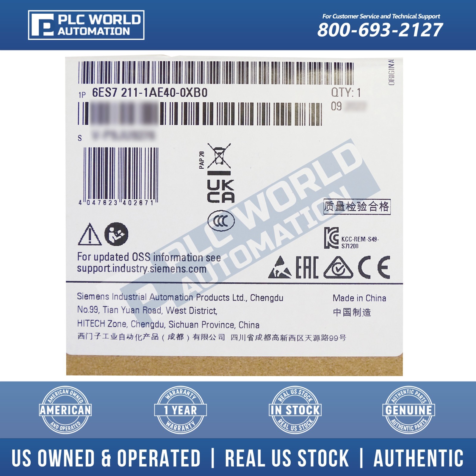 Siemens 6ES7211-1AE40-0XB0 S7-1200 CPU 1211C Controller, DC/DC/DC, New Sealed
