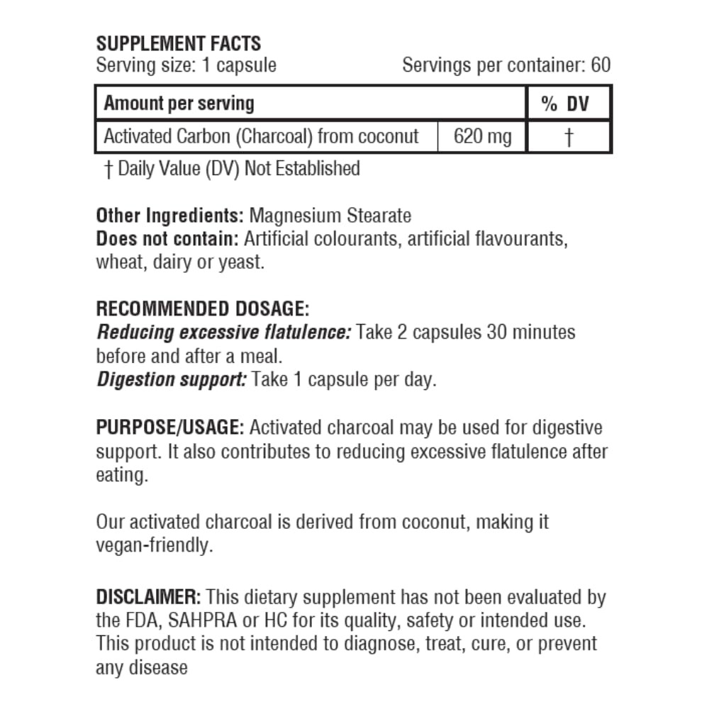 Coconut derived Activated Charcoal 1240 mg | 60 1 Count (Pack of 60)