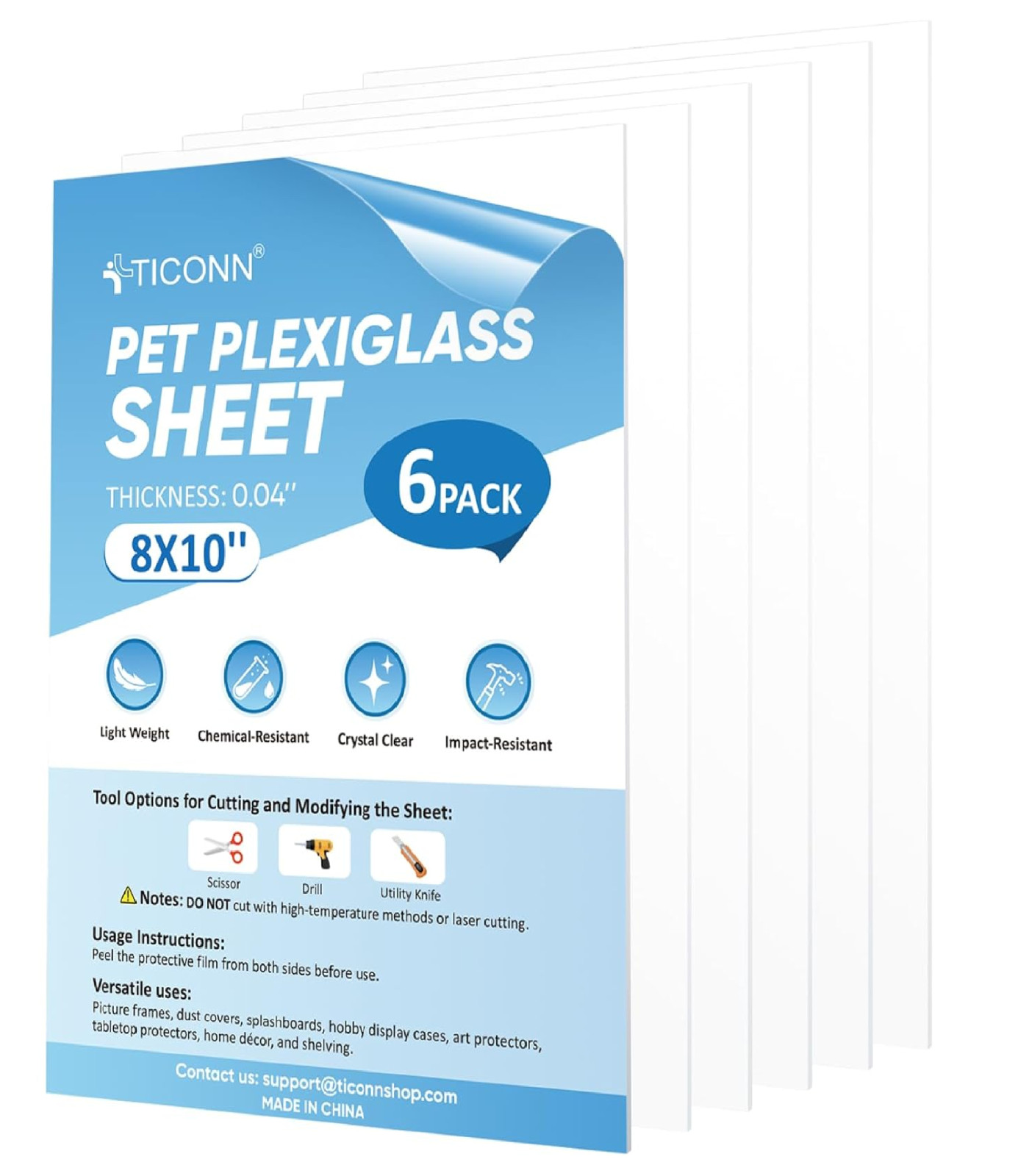 6PK 8″ X 10″ PET Plexiglass Sheets, Clear Plastic Sheet, Easy to Cut Thin Flexib