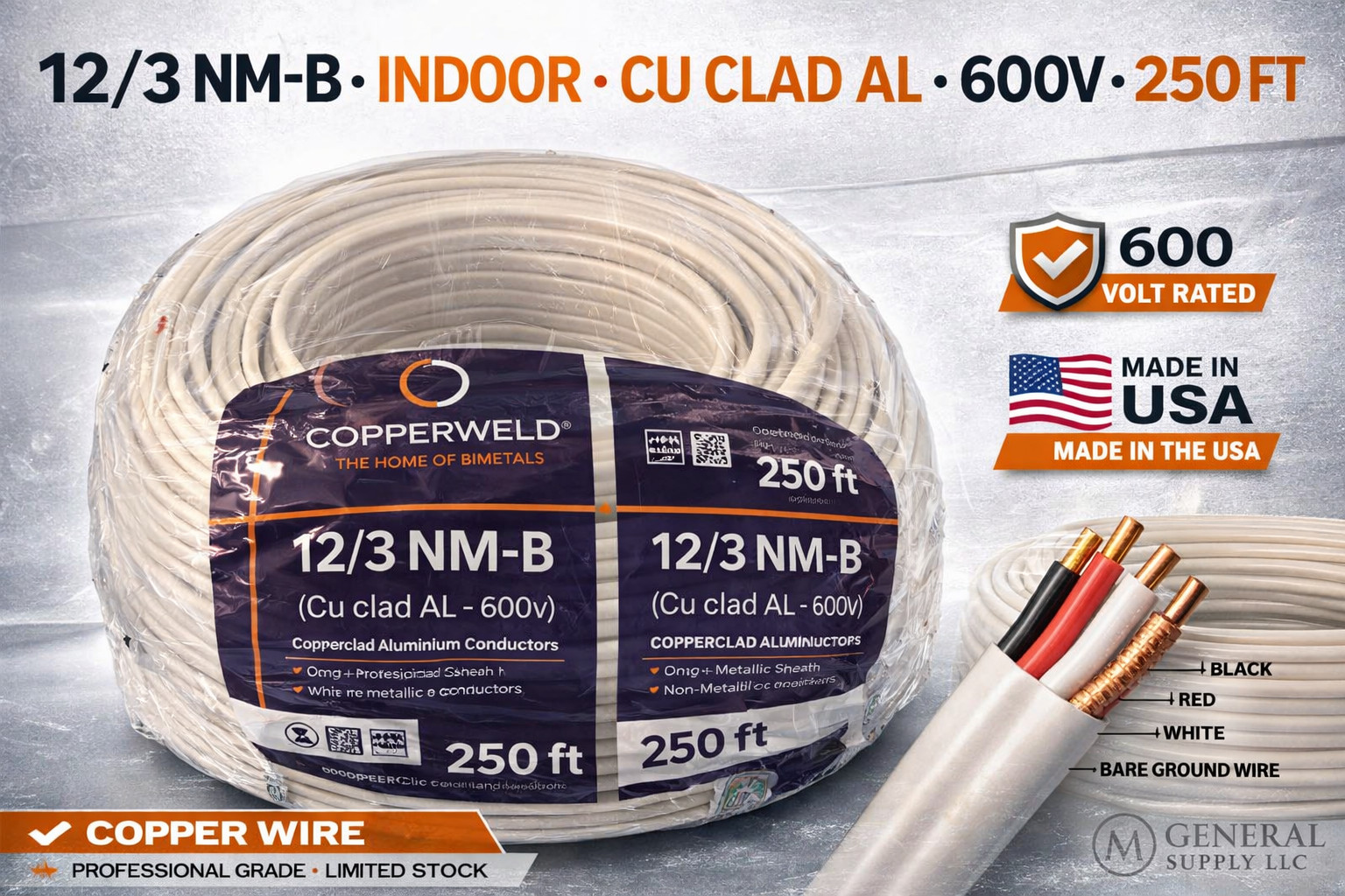 Copperweld 12 AWG 3-Conductor NM-B Copper-Clad Aluminum Building Wire 250 ft