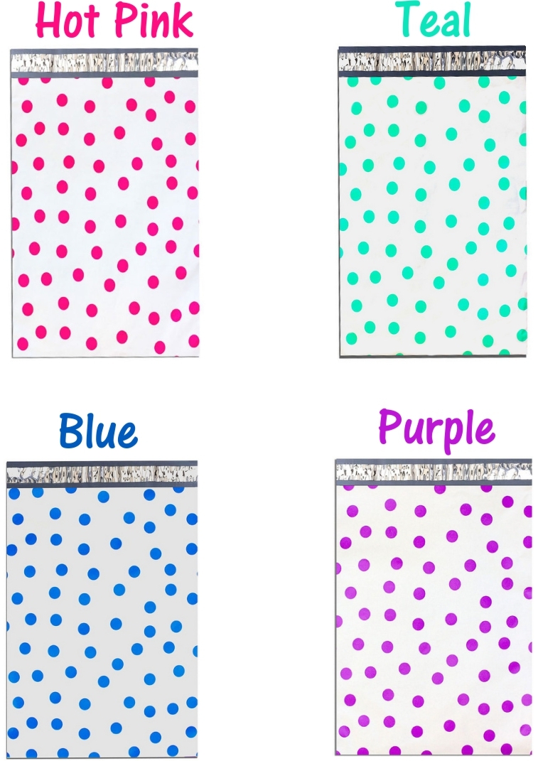 Hot Pink,Teal,Purple,Blue Polka Dot Flat Poly Shipping Mailers 10×13, 6×9, 12×15