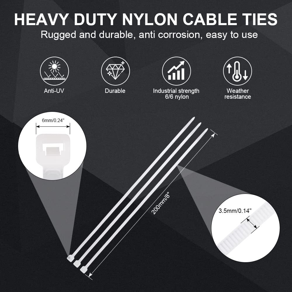 Heavy-Duty Zip Cable Ties 100 Pieces White Ideal for Indoor and Outdoor Use